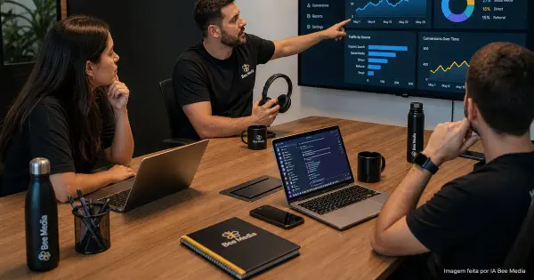 Gestor de e-commerce analisando dashboard de mídia paga com foco em conformidade e dados de usuários.