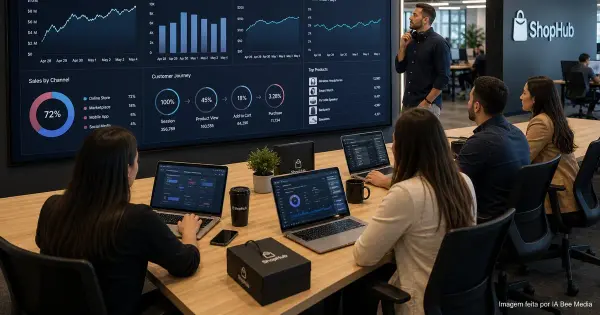 Executivo de marketing e vendas analizando dados de performance em uma tela de computador, representando gestão comercial integrada.